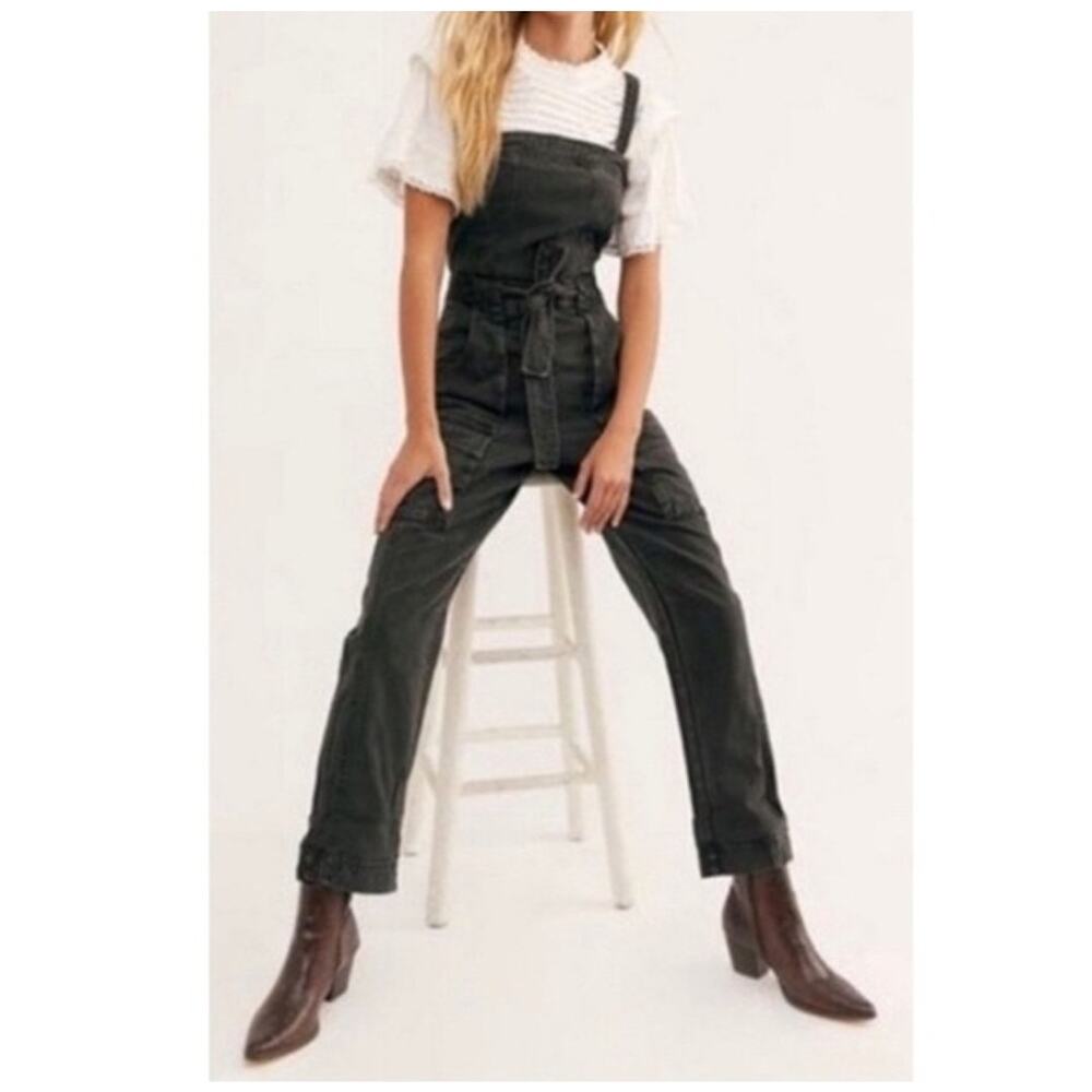 Free People Go West Utility Jumpsuit Size Small Black Cargo One Piece Boho - Picture 2 of 10
